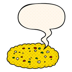 cartoon double cheese pizza and speech bubble in comic book style