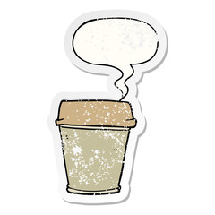 cartoon take out coffee and speech bubble distressed sticker