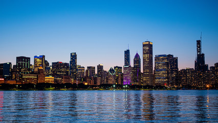 Fototapeta na wymiar Chicago skyline in the evening from Lake Michigan - CHICAGO, ILLINOIS - JUNE 12, 2019