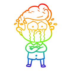 rainbow gradient line drawing cartoon crying man with crossed arms