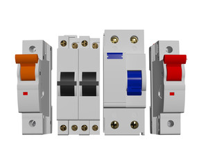 MCB, RCCB, ISOLATER, CHANGE OVER, MAIN SWITCH, SWITCH GEAR, AND DISPLAY BOX in white background