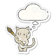 cute cartoon cat and thought bubble as a distressed worn sticker