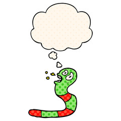 cartoon frightened worm and thought bubble in comic book style