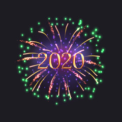 Happy new year banner with festive fireworks and 2020 golden number. Celebratory template with realistic green shining sparks on dark background vector illustration. Winter holiday festival show