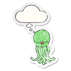 cartoon jellyfish and thought bubble as a distressed worn sticker