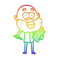 rainbow gradient line drawing cartoon crazy happy man with beard and clip board for notes