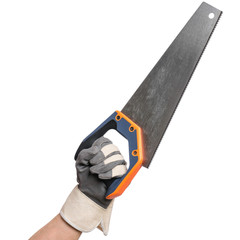 Close up view of Worker Man Hand holding Saw. Male Hand wearing Working Glove with Tools. Human hand, isolated on white background.