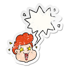 cartoon boy's face and speech bubble distressed sticker