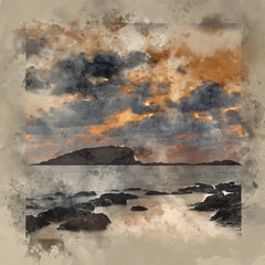 Naklejka na ściany i meble Digital watercolor painting of Stunning landscapedawn sunrise with rocky coastline and long exposure Mediterranean Sea