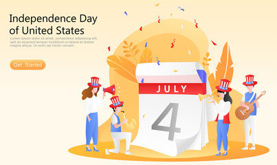 flat vector cartoon illustration celebrate independence day usa. people are presenting playing musical instruments, guitars, trompet, saxophones and concept sets of plants. for landing page, website