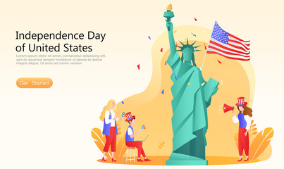 flat vector cartoon illustration celebrate independence day usa. concept of people celebrating happy, statues of liberty, flags, plants, orange background. for landing page, website, ui, poster, app,