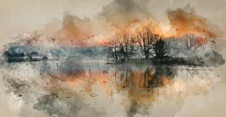 Plakat Digital watercolor painting of Landscape of lake in mist with sun glow at sunrise