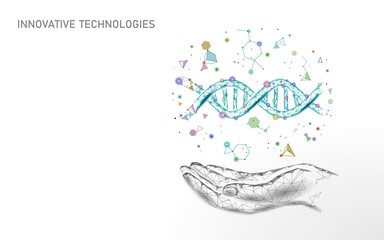 Hand DNA gene therapy concept. Medical consultation app. Web healthcare diagnosis geometric modern hospital network banner. Drugstore market background low poly