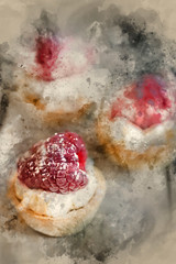 Watercolor painting of Raspberry tartlets on rustic wooden kitchen  background