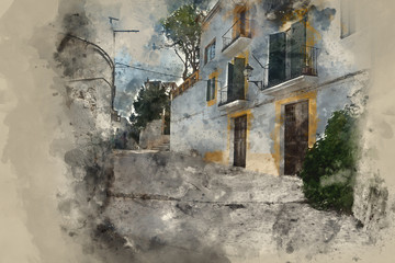 Watercolor painting of Typical old Mediterranean alley between old houses
