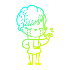 cold gradient line drawing cartoon woman crying