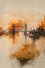Watercolor painting of Golden Autumn sunrise over Tower Bridge in London.