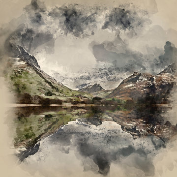 Watercolor painting of Beautiful Winter landscape image of Llyn Nantlle in Snowdonia National Park © veneratio