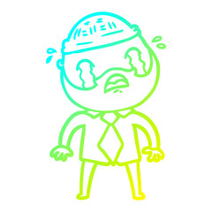 cold gradient line drawing cartoon bearded man crying