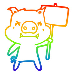rainbow gradient line drawing angry cartoon pig protesting