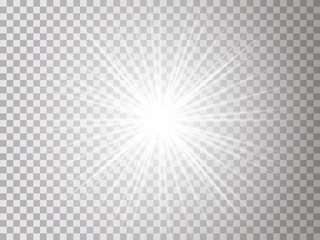 White glowing light burst explosion transparent. Vector illustration for cool effect decoration with ray sparkles. Bright star. Transparent shine gradient glitter, bright flare. Glare texture.