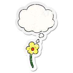 cartoon flower and thought bubble as a distressed worn sticker