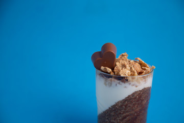 Delicious breakfast, cocoa chia pudding with yogurt and cereals