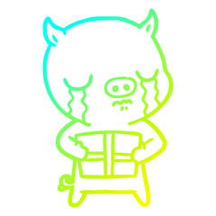 cold gradient line drawing cartoon pig crying over christmas present