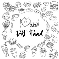Hand drawn restaurant food, or cafe menu. Pizza, sushi, cup of coffee, fries, burger etc doodle set background