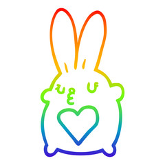 rainbow gradient line drawing cute cartoon rabbit with love heart