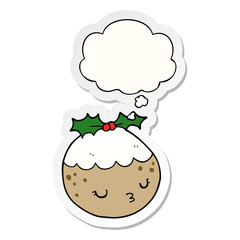 cute cartoon christmas pudding and thought bubble as a printed sticker