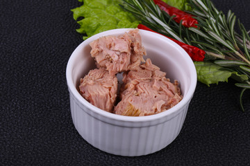 Tasty canned tuna fish in the bowl