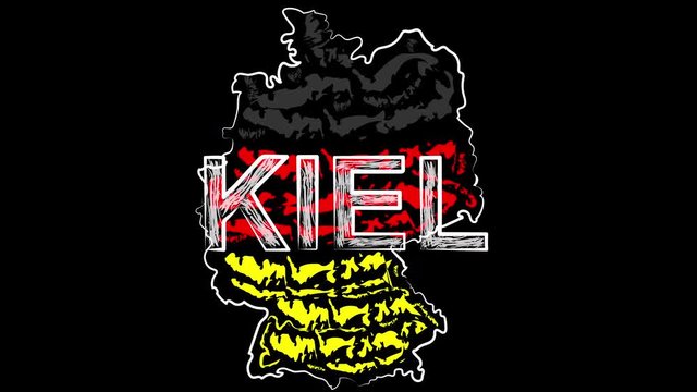 Animation. Kiel Germany. The name of the country. Coloring the map of the land in the colors of the flag.