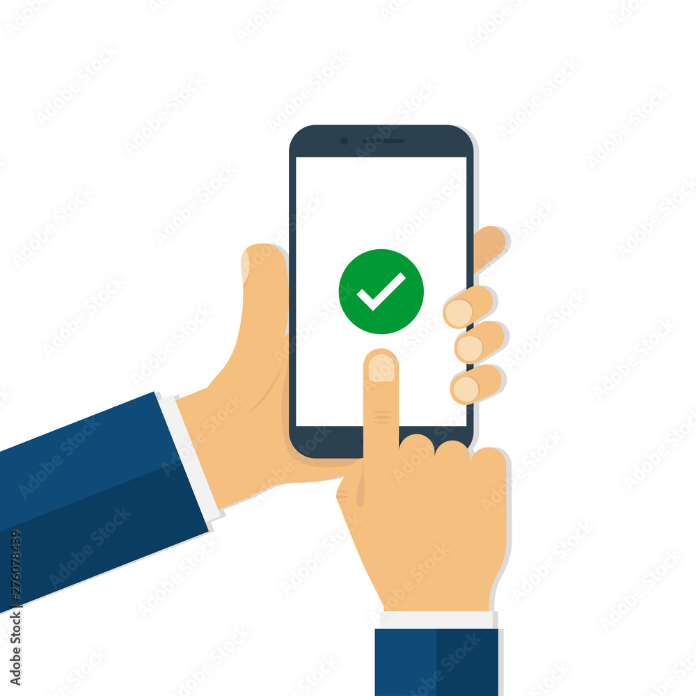 Poster man hands holding smartphone with check mark on screen. finger touching smartphone screen in trendy 