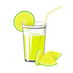 Glass of Fresh Citrus Fruit Juice of Lime or Lemon and a Straw Isolated on White Background , Summer Refreshing Drink with Lime or Lemon Slices, Vector Illustration