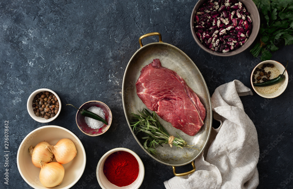 Poster Raw steak with ingredients for cooking healthy food top view