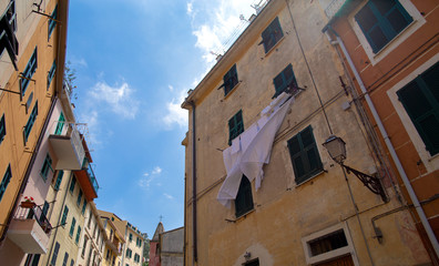 Beautiful building facade in Riomaggiore, Cinque Terre, Italy. Summer cityscape