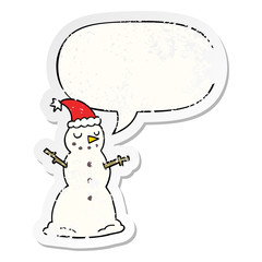 cartoon christmas snowman and speech bubble distressed sticker