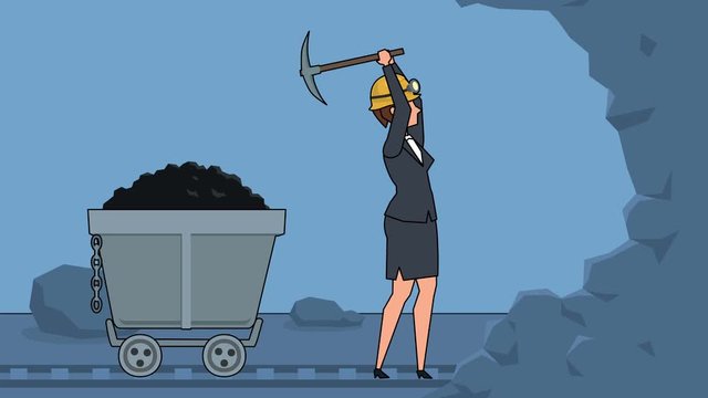 Flat cartoon businesswoman miner character working with pickaxe business motivation concept animation