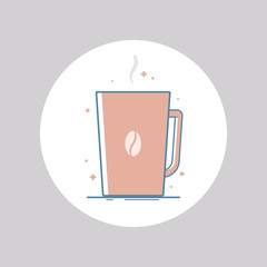 Vector icon of coffee in a mug with coffee bean. Isolated in circle. Flat design.