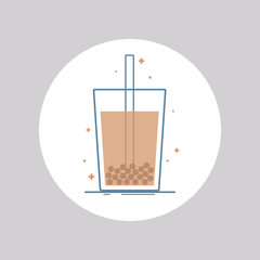 Vector icon of bubble tea glass with straw. Isolated in circle. Flat design.