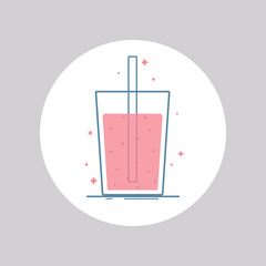 Vector icon of glass with smoothie, milk shake, fresh. Isolated in circle. Flat design. Pink colors.