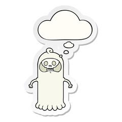 cartoon spooky skull ghost and thought bubble as a printed sticker