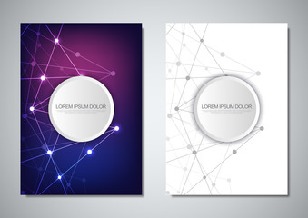 Brochure template or cover design. Digital technology with plexus background and space for your text. Geometric abstract background of connecting dots and lines.