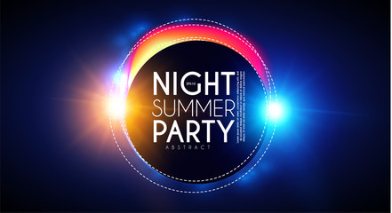 Tropic night summer party banner. Palms leaves with light effects.