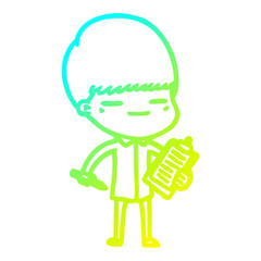 cold gradient line drawing cartoon smug boy with clip board