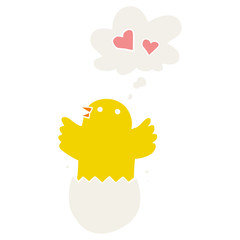 cute hatching chick cartoon and thought bubble in retro style