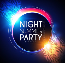 Tropic night summer party banner. Palms leaves with light effects.