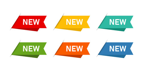 Colored banner or ribbon with text. New banner tags isolated. Design label signs. Sale or spesial offer. Discount banner.