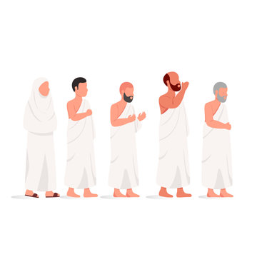 Muslim People Wearing Ihram, Practicing Hajj and Umrah Islamic Pilgrimage to Mecca Flat Illustration